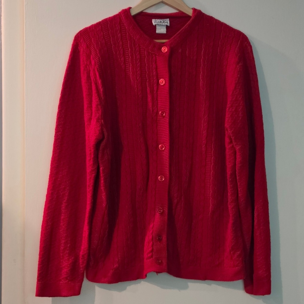Vintage 70s Cuddle Knit Cardigan Sweater Womens Size M Red Cable Knit USA Cozy